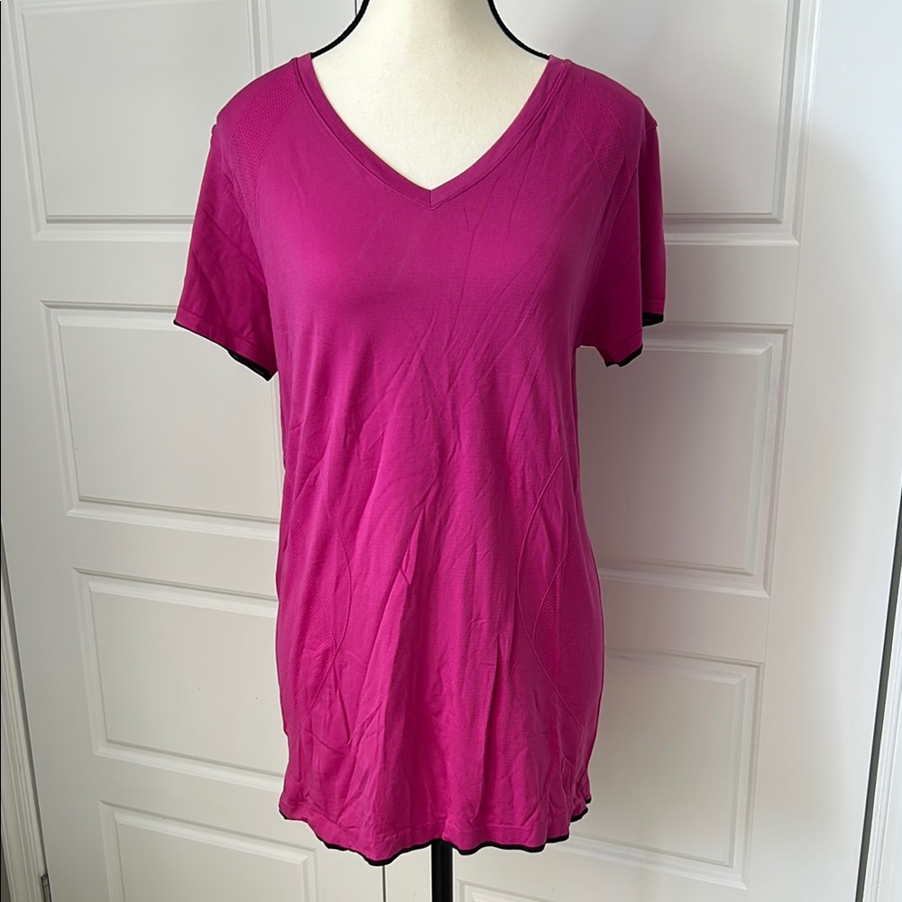 Danskin Pink Relaxed Fit Athletic T-Shirt with Black Trim on Hem and Sleeves